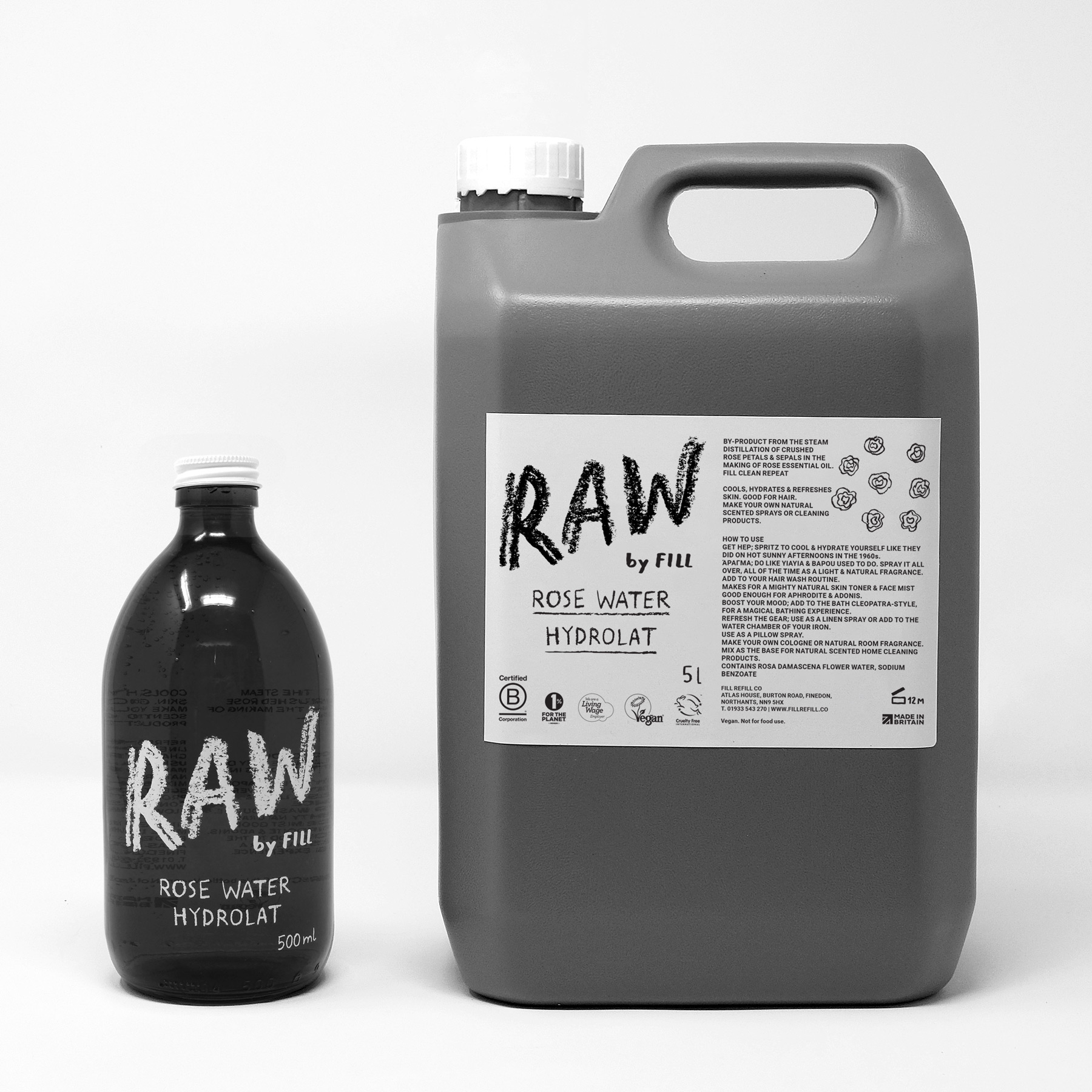 A 5L drum of Fill Rose water hydrolat next to a 500ml glass bottle
