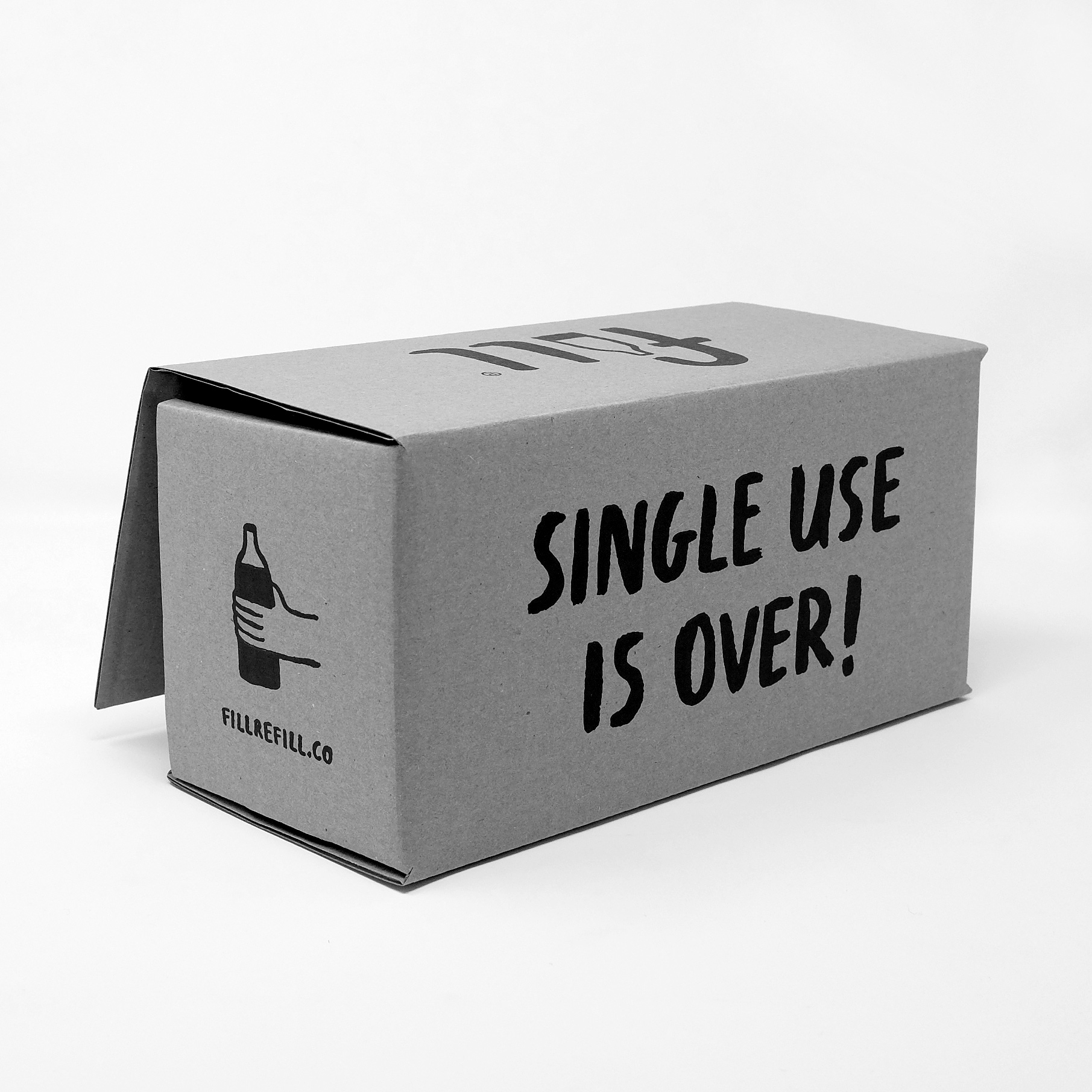 Outer packaging box with screen-printed 'SINGLE USE IS OVER' slogan on the side