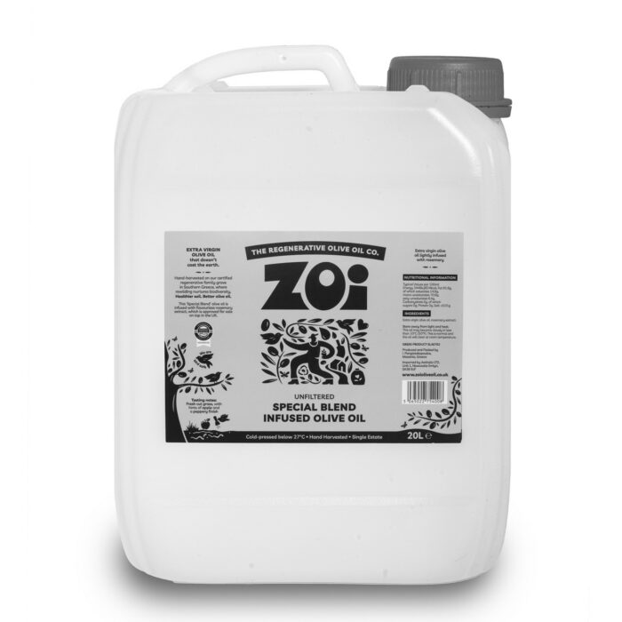 A 20L drum of ZOI extra virgin olive oil